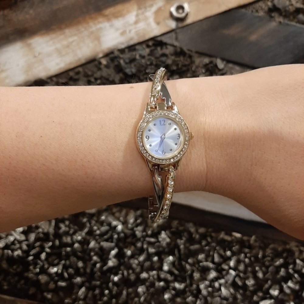 Quartz Wrist Watch Silver Gold Plated Crossover Link Rhinestone Stainless Steel